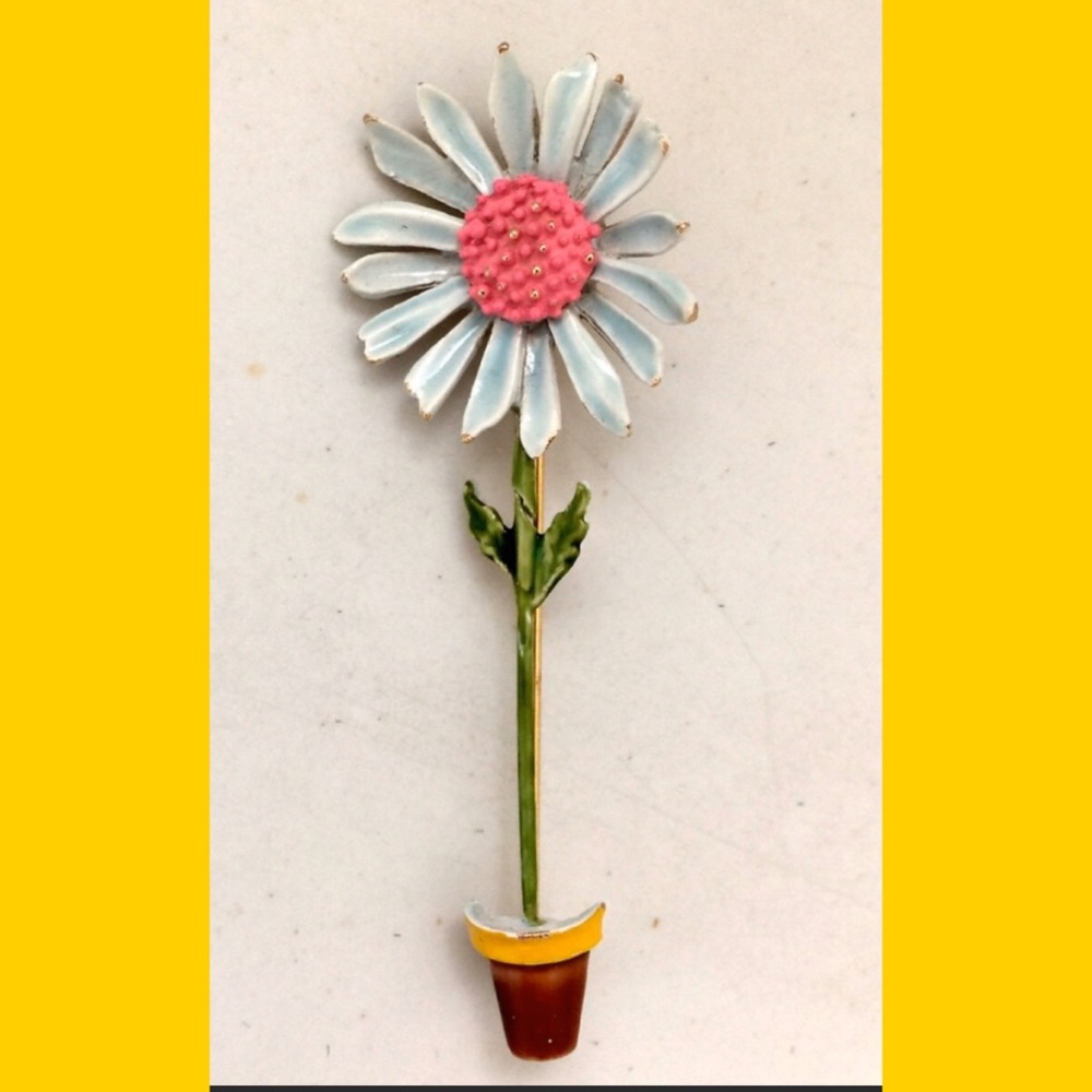 Vintage Enamel Flower Pot Brooch Pin Signed ART